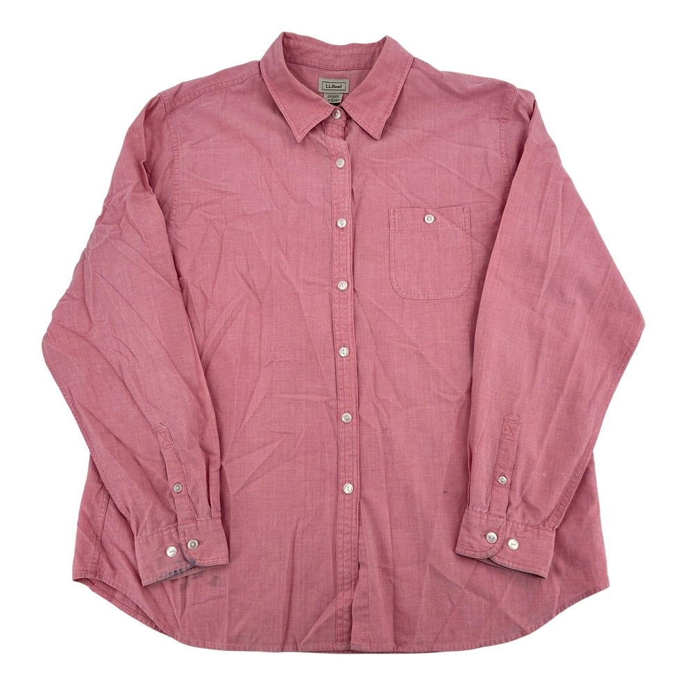Vintage LL Bean Shirt Womens L Pink Chambray Paint Splatter Workwear Button Up